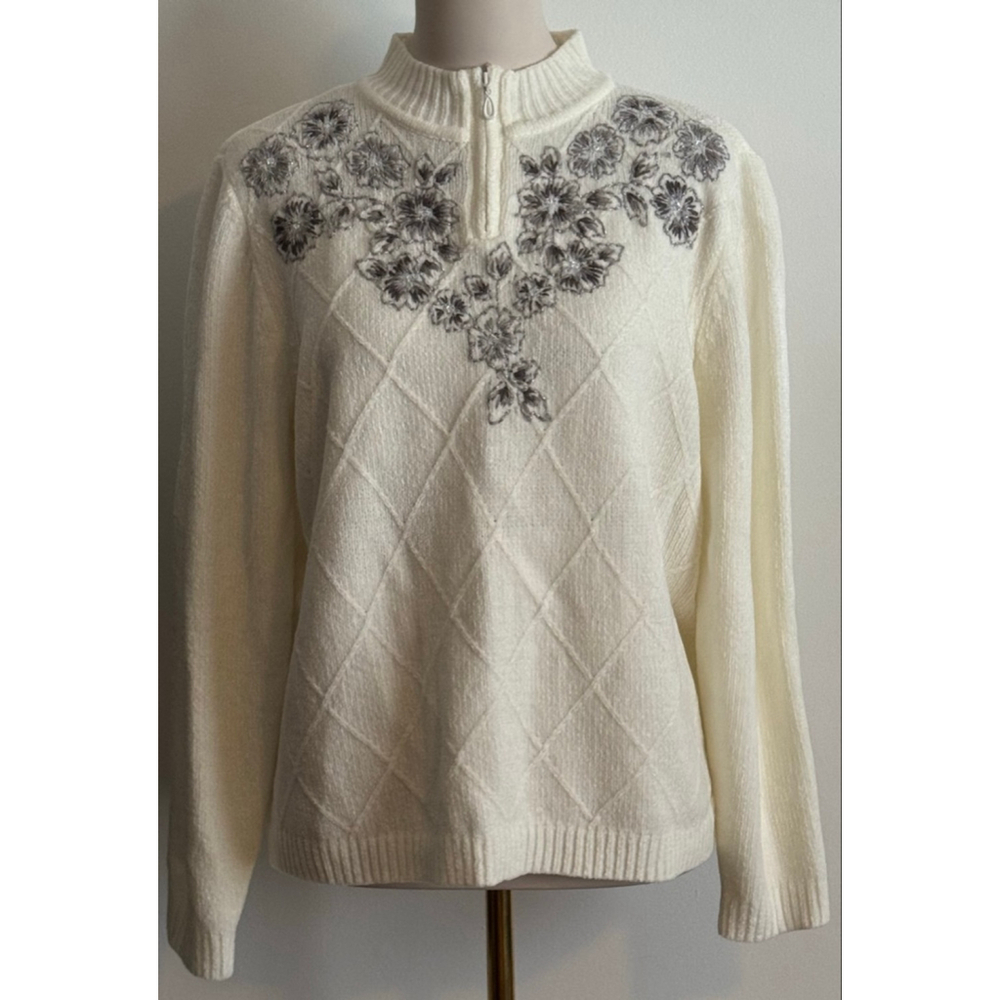 Women's Alfred Dunner Cream & Gray Floral Argyle Sweater M